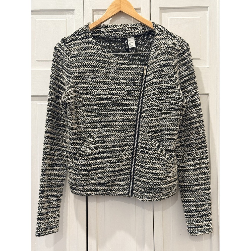 Moto Grunge Soft Asymmetrical Full Zip Sweater Cardigan Jacket Black/White M